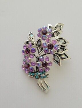 Vintage Nina Ricci Rhinestone Brooch Purple Flower Bouquet Silver Tone 2 3/8"